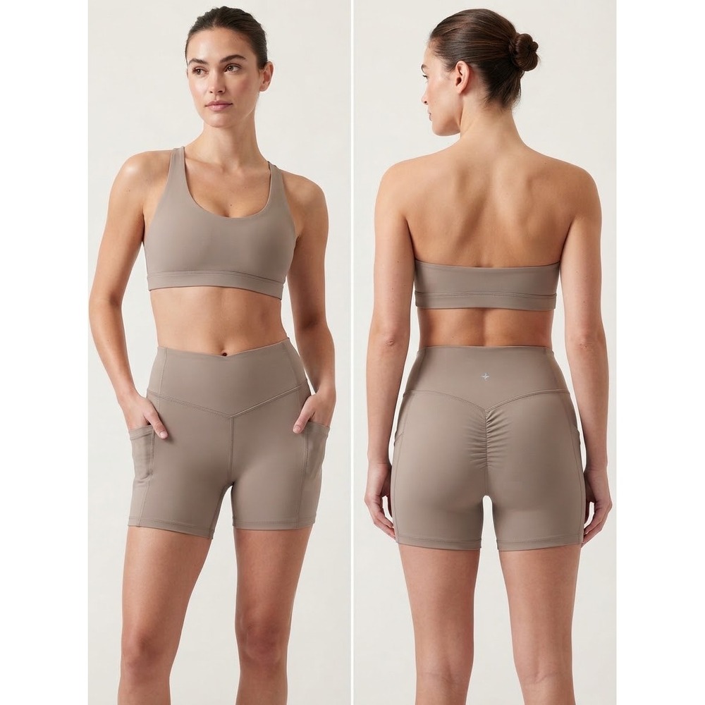 Halara Patitoff Crossover High Waisted Ruched Biker Shorts Taupe Brown Earthy